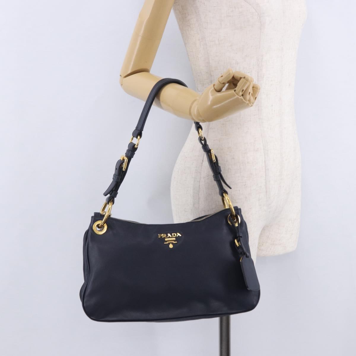 PRADA Shoulder Bag Leather Navy Gold Auth 203139V