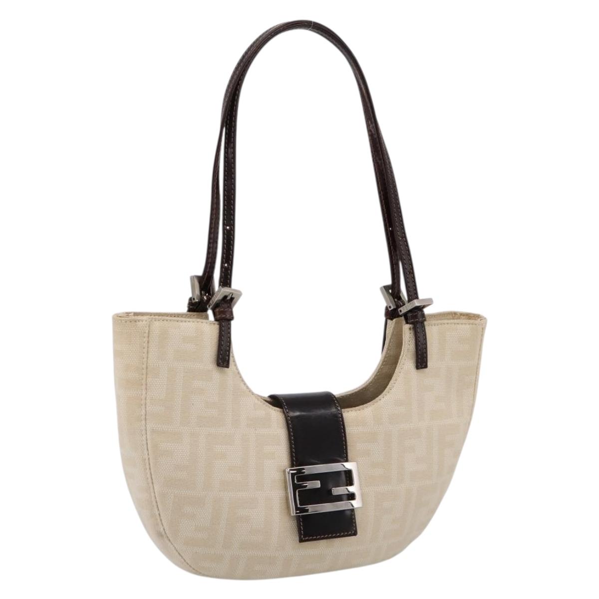 FENDI Zucca Canvas Mamma Baguette Shoulder Bag Beige Silver Auth 203140V