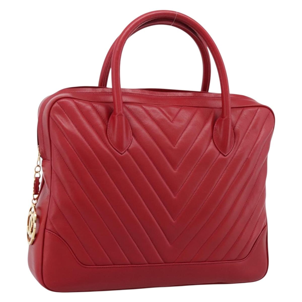 CHANEL V stitch Hand Bag Lamb Skin Red Gold CC Auth 203141