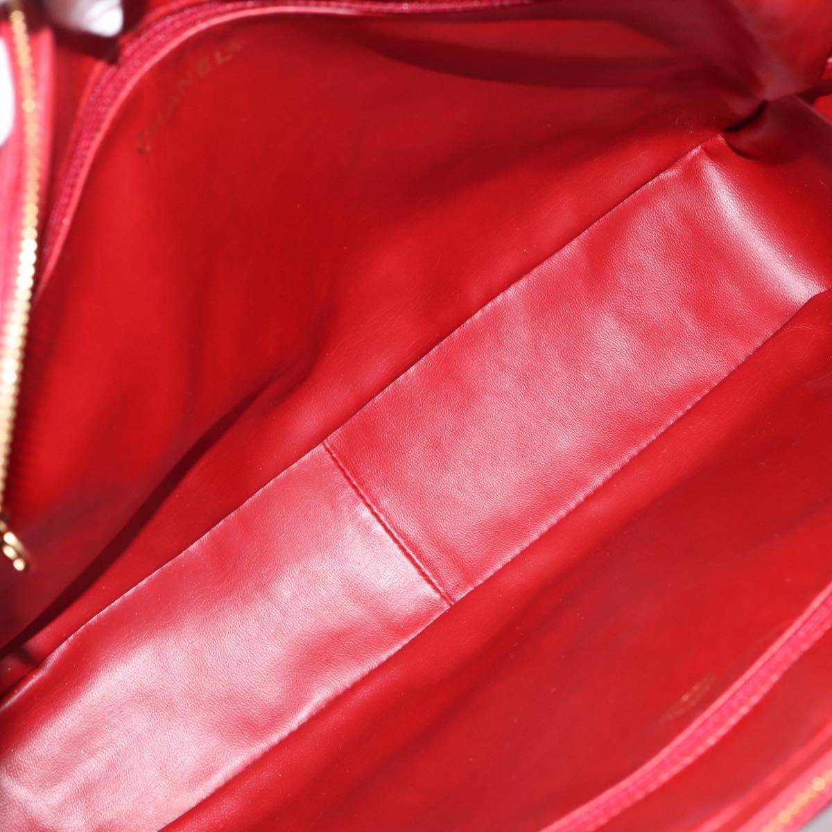 CHANEL V stitch Hand Bag Lamb Skin Red Gold CC Auth 203141