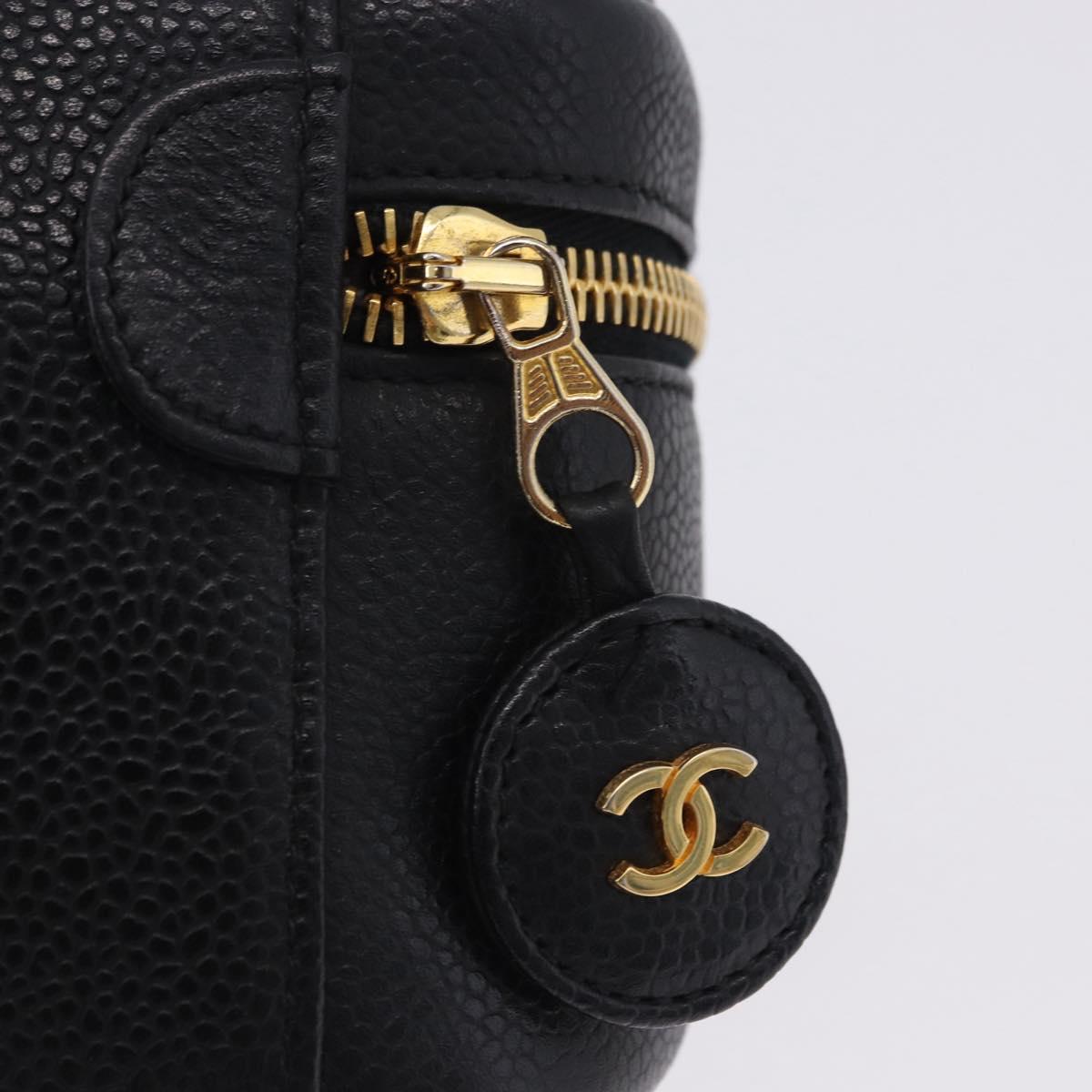 CHANEL Vanity Hand Bag Caviar Skin Black Gold CC Auth 203153V