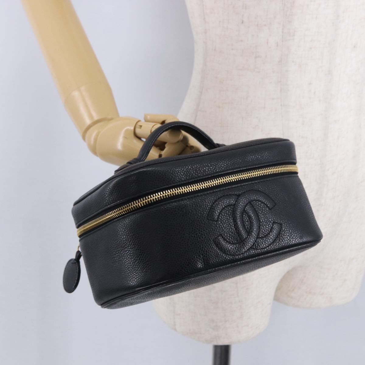 CHANEL Vanity Hand Bag Caviar Skin Black Gold CC Auth 203153V