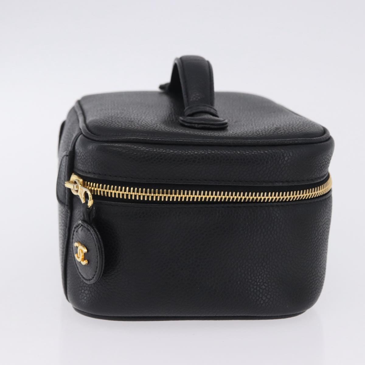 CHANEL Vanity Hand Bag Caviar Skin Black Gold CC Auth 203153V