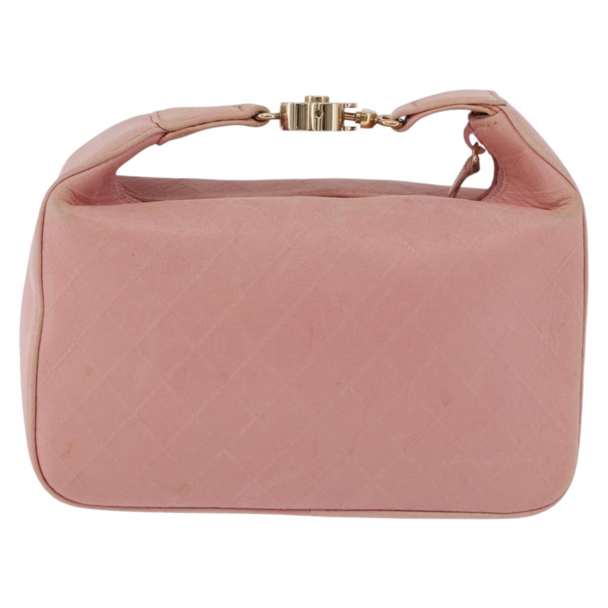 CHANEL Bicolore Camelia Pouch Leather Pink Gold CC Auth 203157