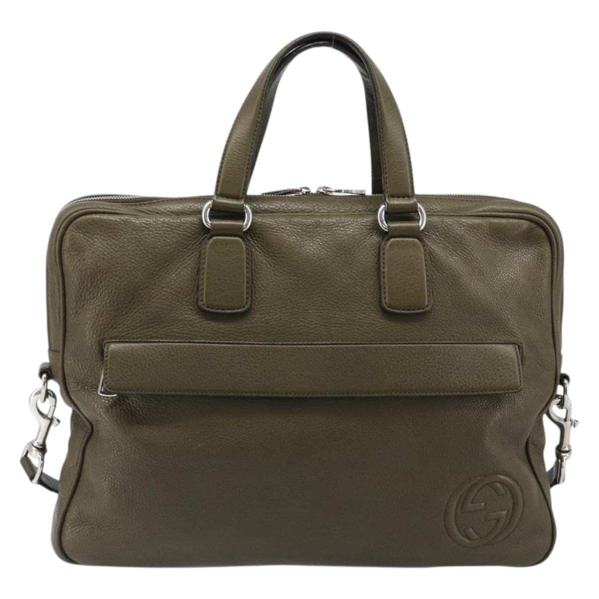 GUCCI Business Bag Leather 2way Khaki Silver 322957 Auth 203179A