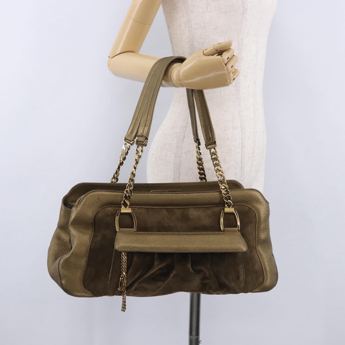 CARTIER Shoulder Bag Suede Green Gold Auth 203184V