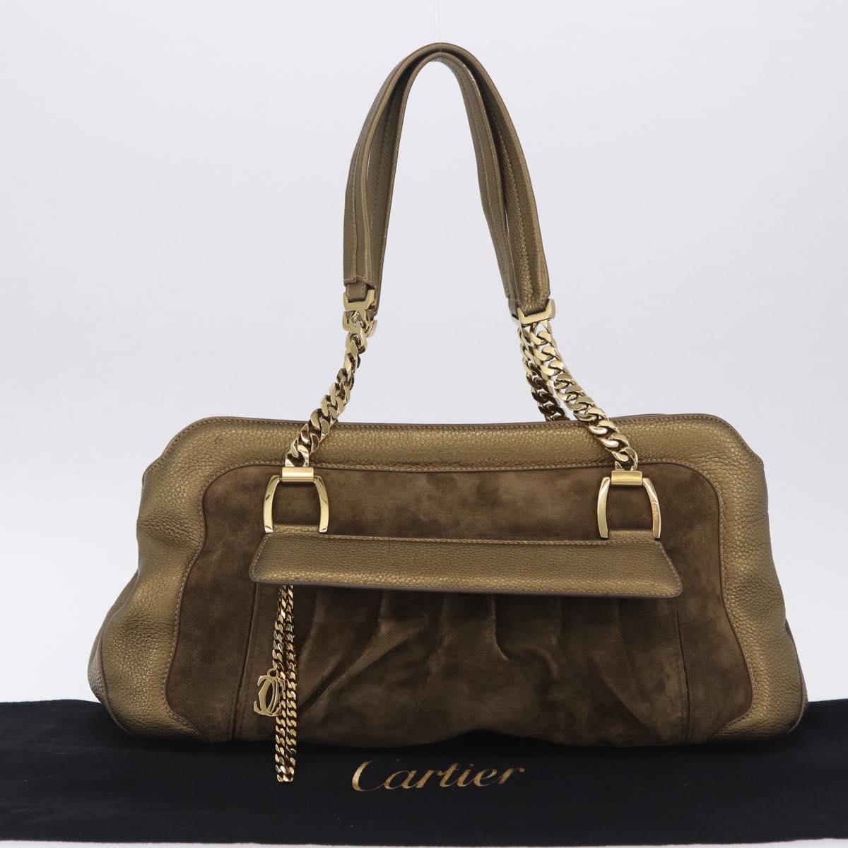 CARTIER Shoulder Bag Suede Green Gold Auth 203184V