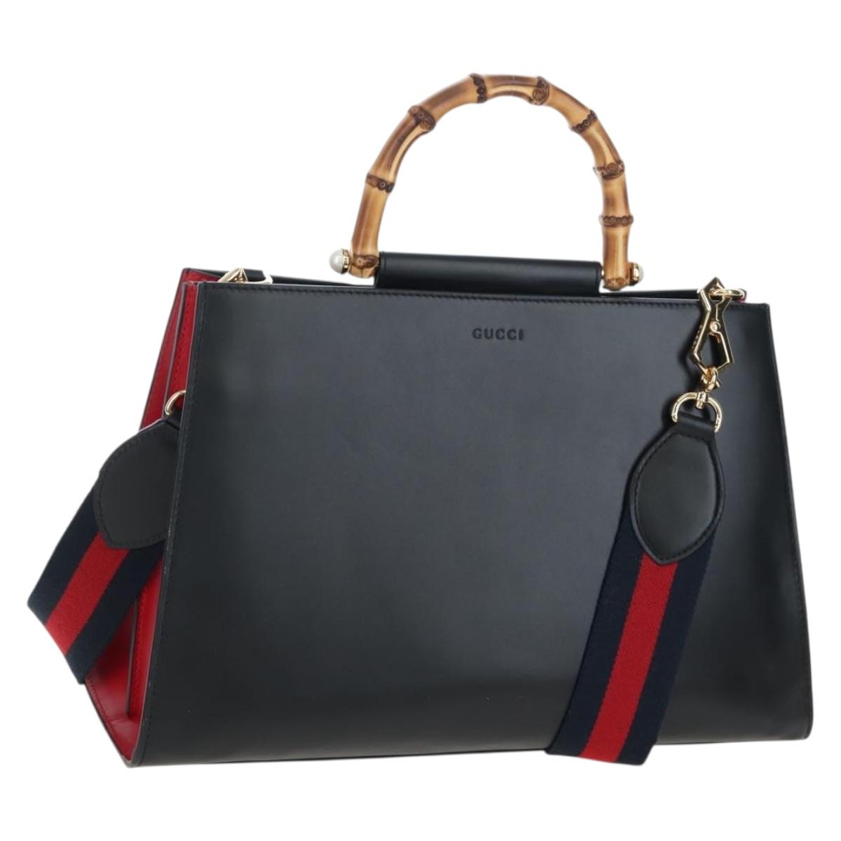 GUCCI Bamboo Sherry Line Hand Bag Leather 2way Black Gold 453764 Auth 203194V