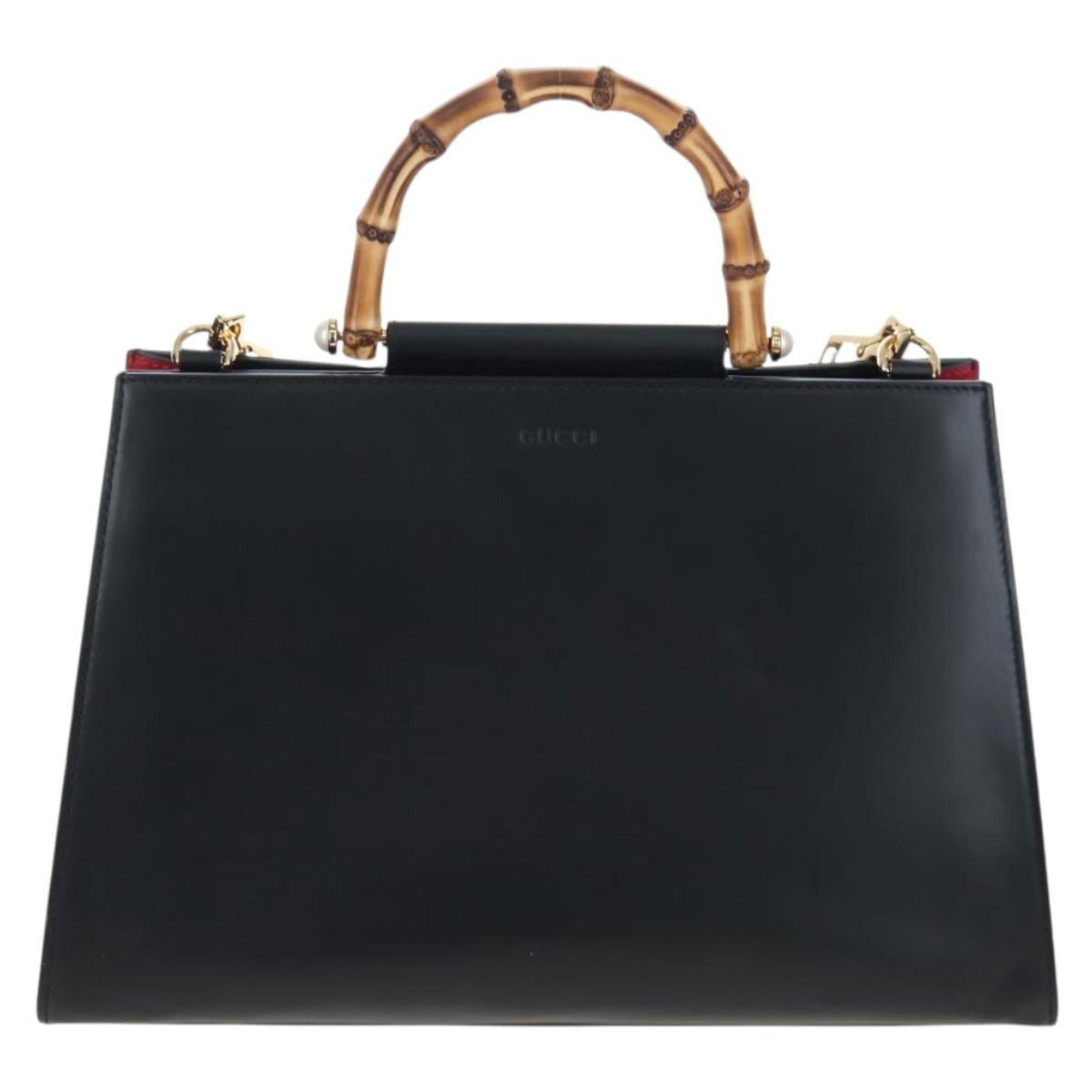 GUCCI Bamboo Sherry Line Hand Bag Leather 2way Black Gold 453764 Auth 203194V