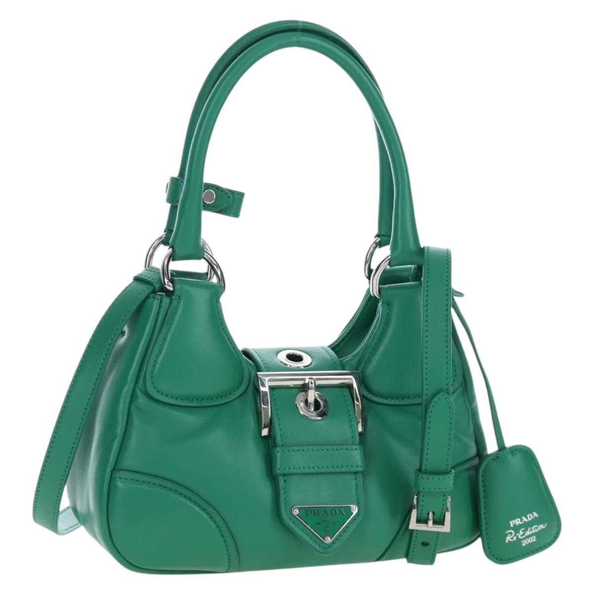 PRADA Moon Paddock Hand Bag Leather 2way Green Silver Auth 203196SAM