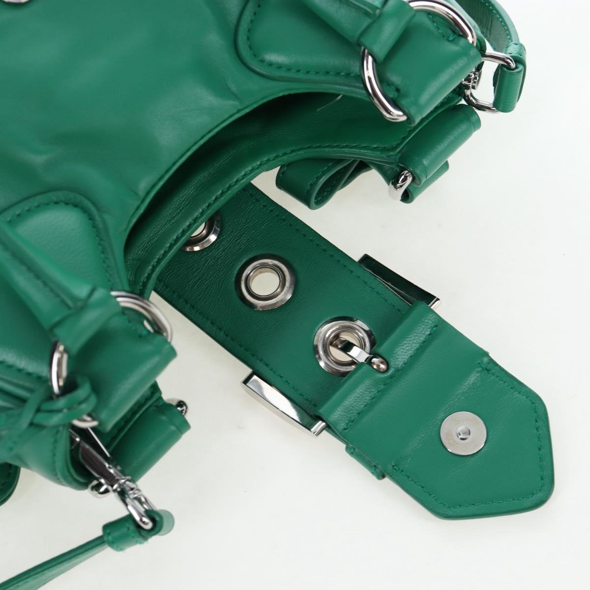 PRADA Moon Paddock Hand Bag Leather 2way Green Silver Auth 203196SAM