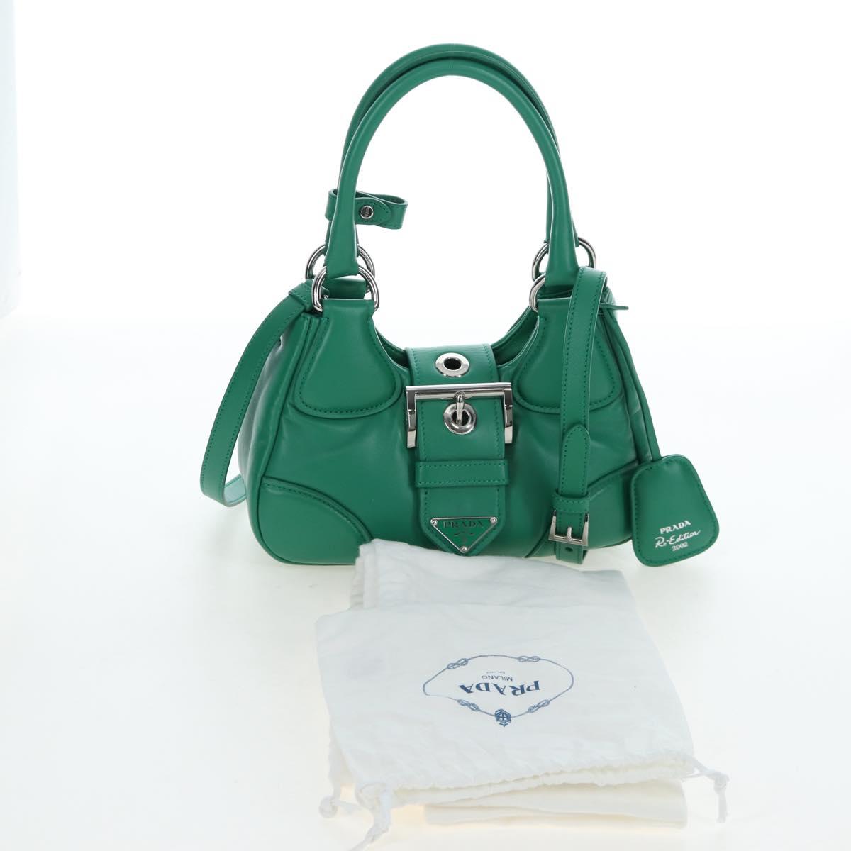 PRADA Moon Paddock Hand Bag Leather 2way Green Silver Auth 203196SAM
