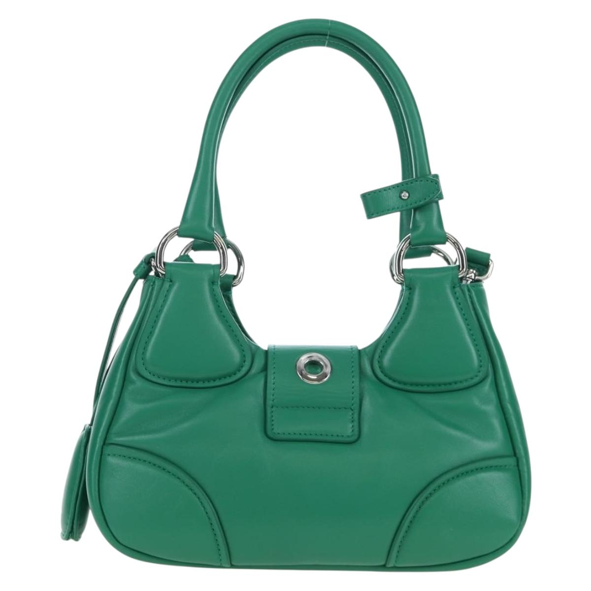 PRADA Moon Paddock Hand Bag Leather 2way Green Silver Auth 203196SAM