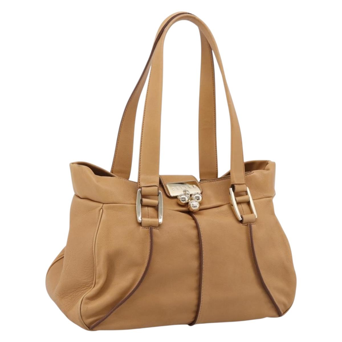 CELINE Shoulder Bag Leather Beige Gold Auth 203198A