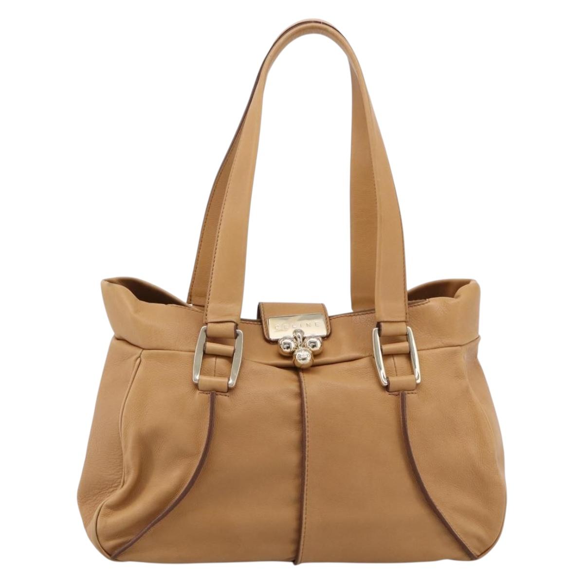 CELINE Shoulder Bag Leather Beige Gold Auth 203198A
