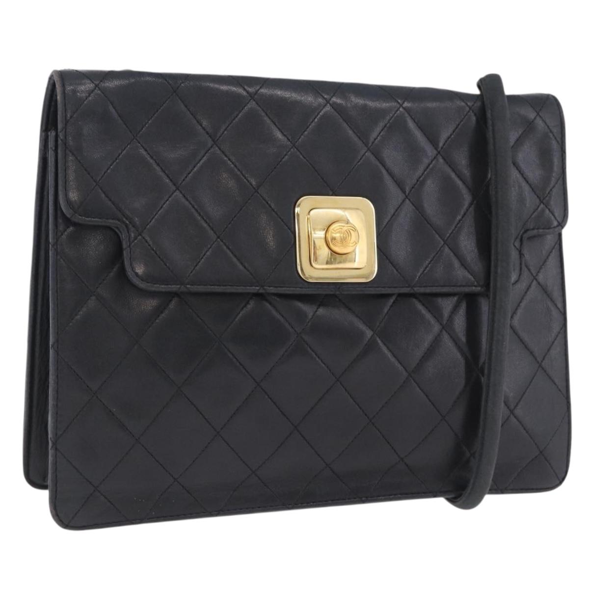 CHANEL Matelasse Shoulder Bag Lamb Skin Black Gold CC Auth 203208