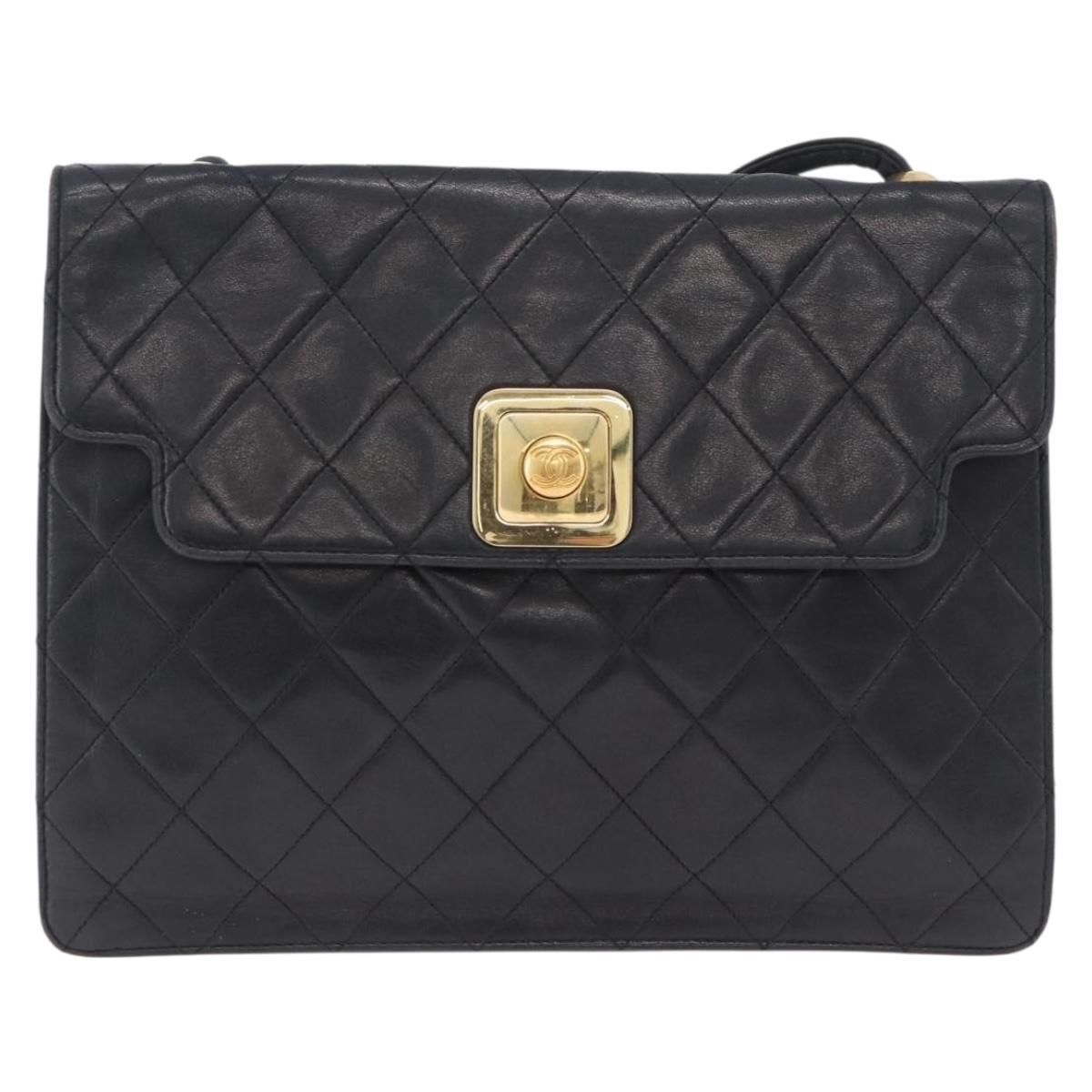 CHANEL Matelasse Shoulder Bag Lamb Skin Black Gold CC Auth 203208