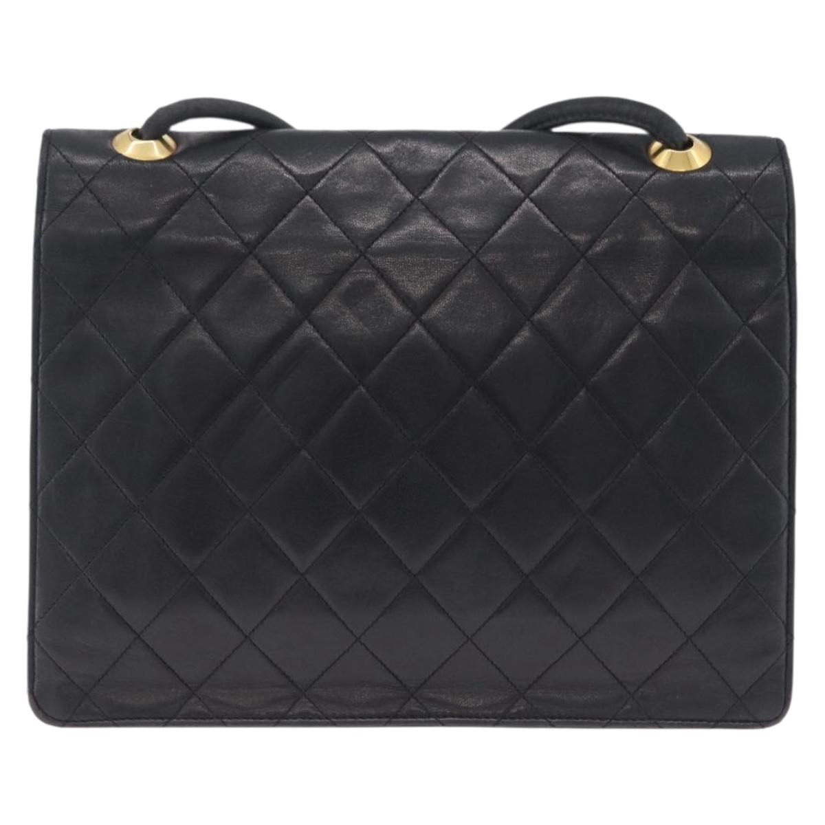 CHANEL Matelasse Shoulder Bag Lamb Skin Black Gold CC Auth 203208