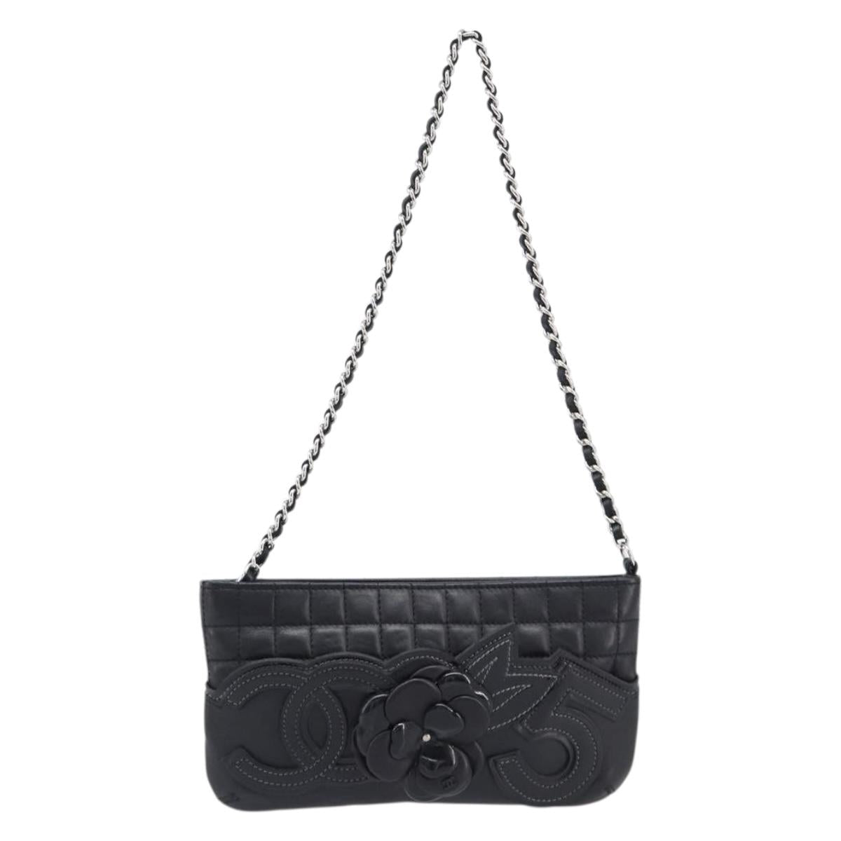 CHANEL Choco Bar line COCO Mark Chain Bag Leather Black Silver CC Auth 203211V