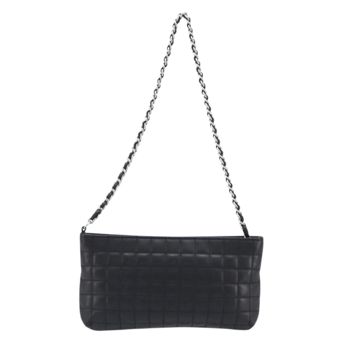 CHANEL Choco Bar line COCO Mark Chain Bag Leather Black Silver CC Auth 203211V