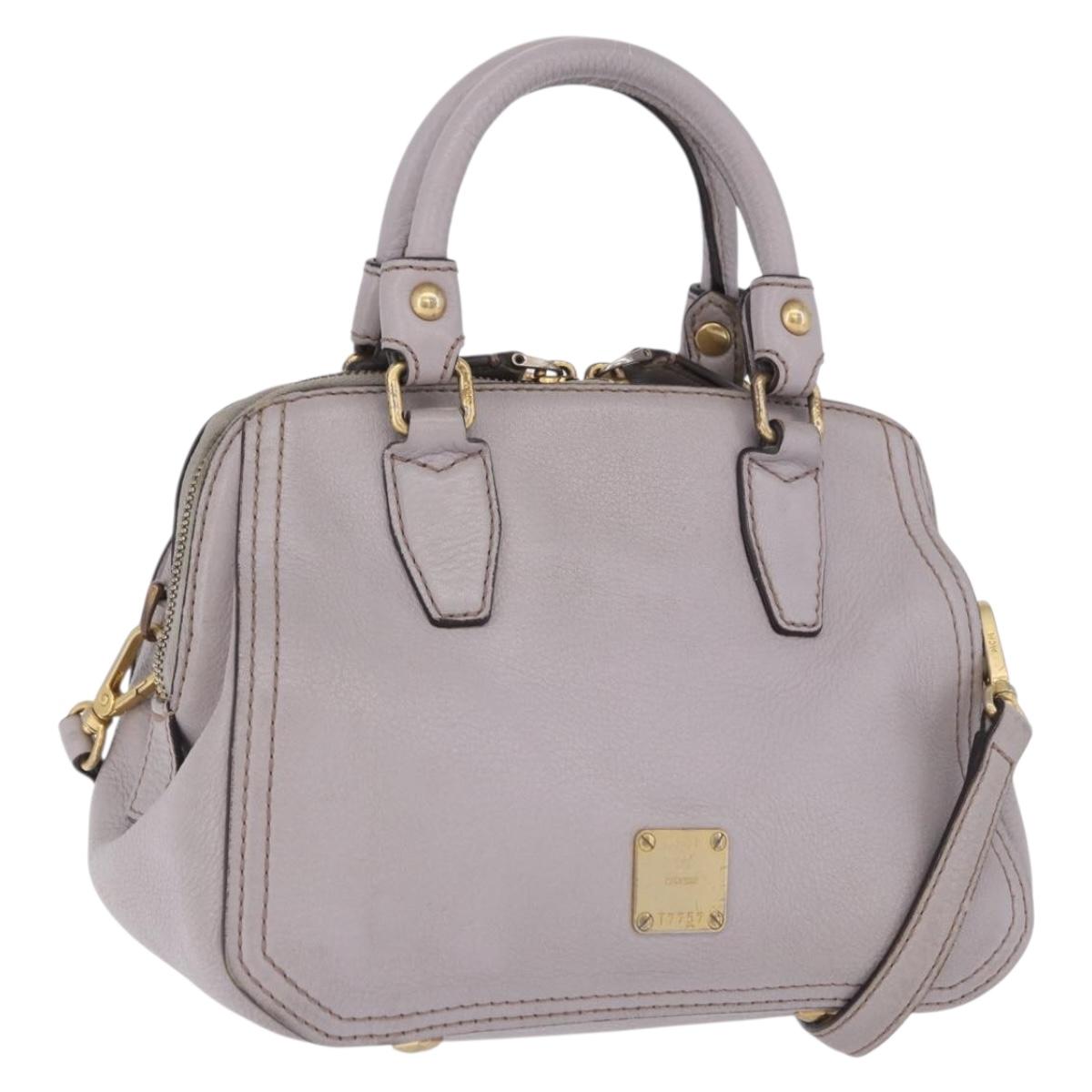 MCM Hand Bag Leather 2way Gray Gold Auth 203213