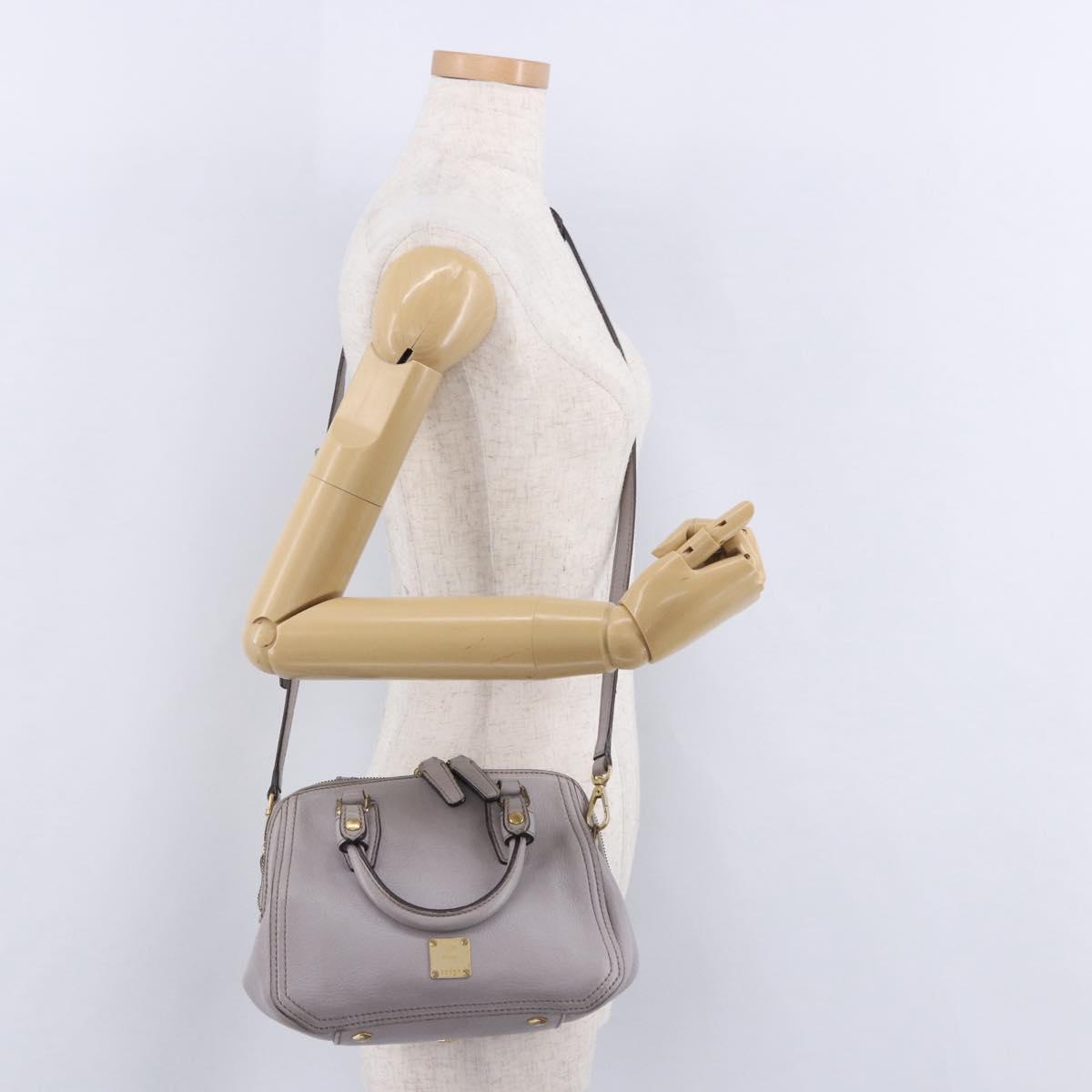 MCM Hand Bag Leather 2way Gray Gold Auth 203213