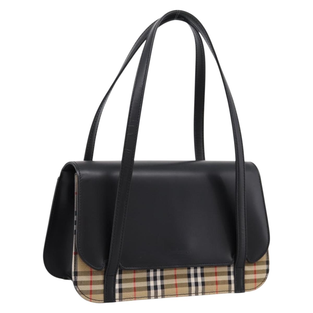 Burberrys Nova Check Hand Bag Canvas Leather Beige Silver Auth 203220V