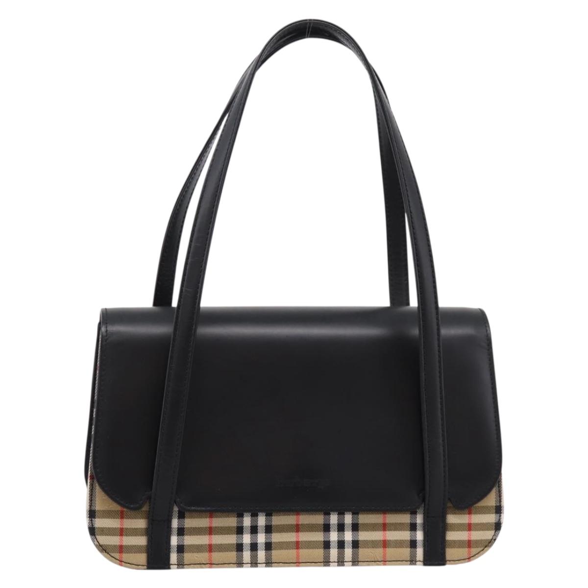 Burberrys Nova Check Hand Bag Canvas Leather Beige Silver Auth 203220V