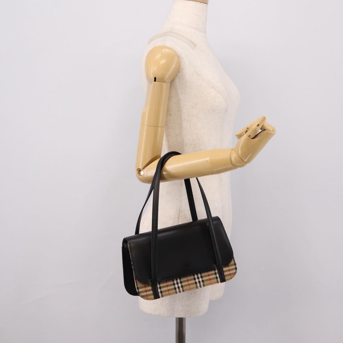Burberrys Nova Check Hand Bag Canvas Leather Beige Silver Auth 203220V