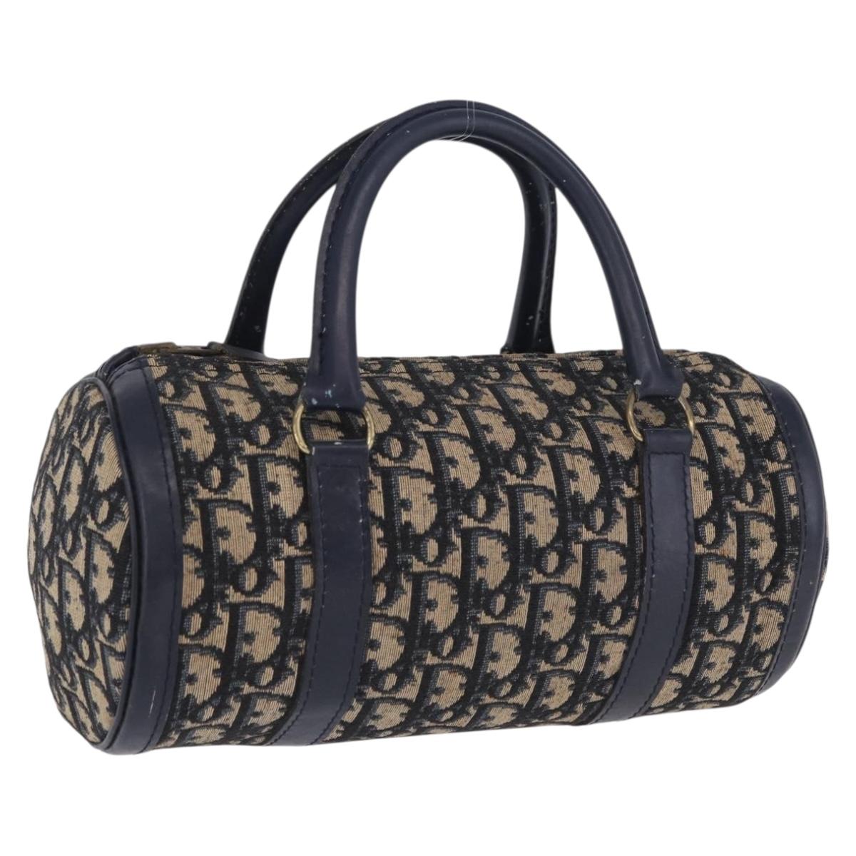 Christian Dior Trotter Canvas Hand Bag Navy Gold Auth 203227