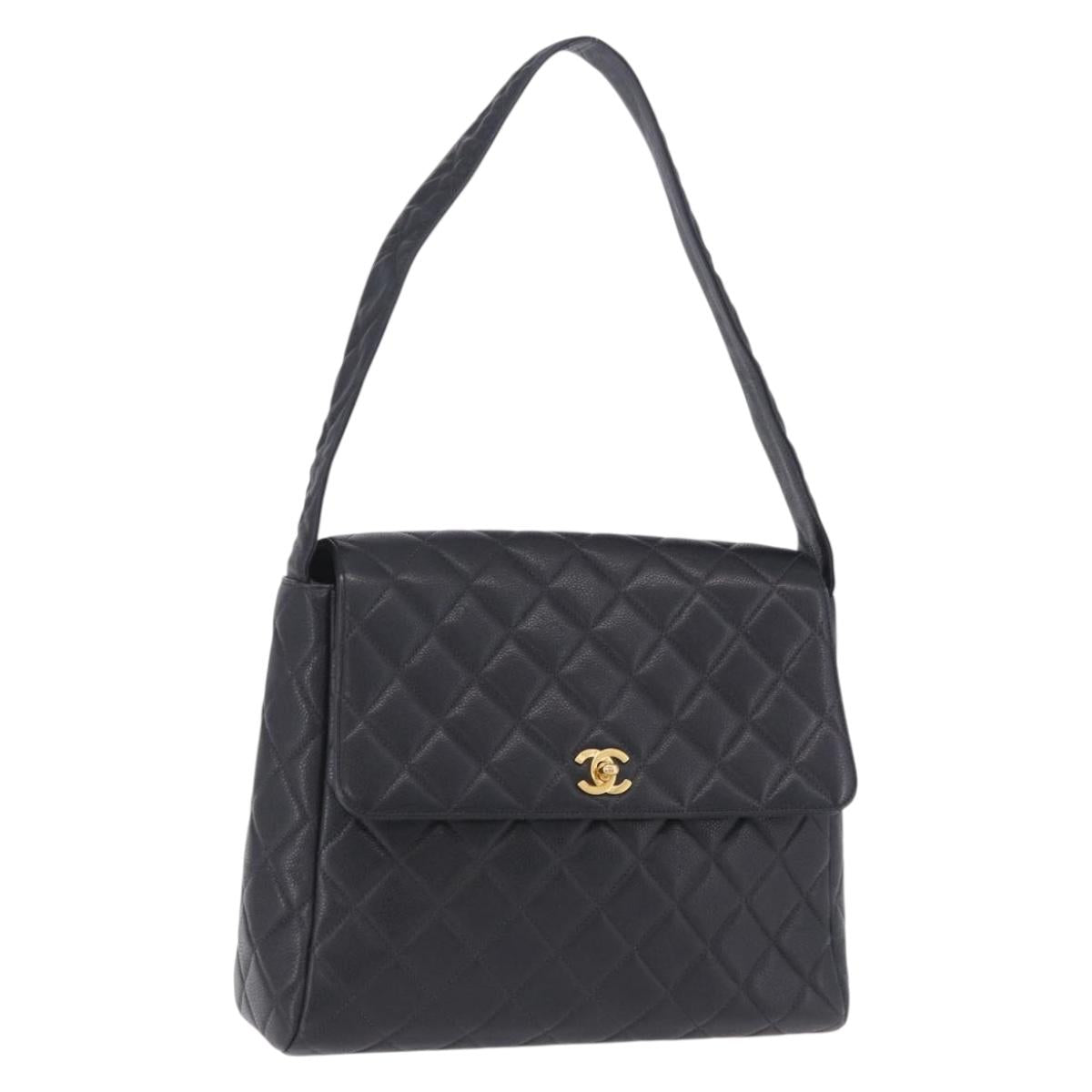 CHANEL Matelasse Turn Lock Shoulder Bag Caviar Skin Black Gold CC Auth 203228V