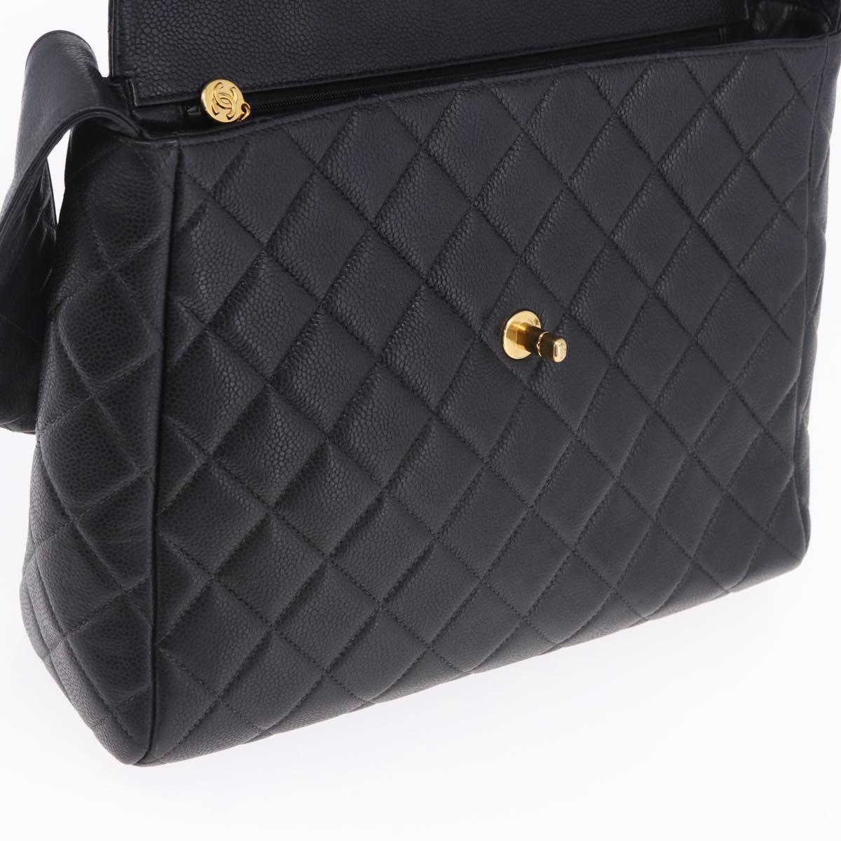 CHANEL Matelasse Turn Lock Shoulder Bag Caviar Skin Black Gold CC Auth 203228V