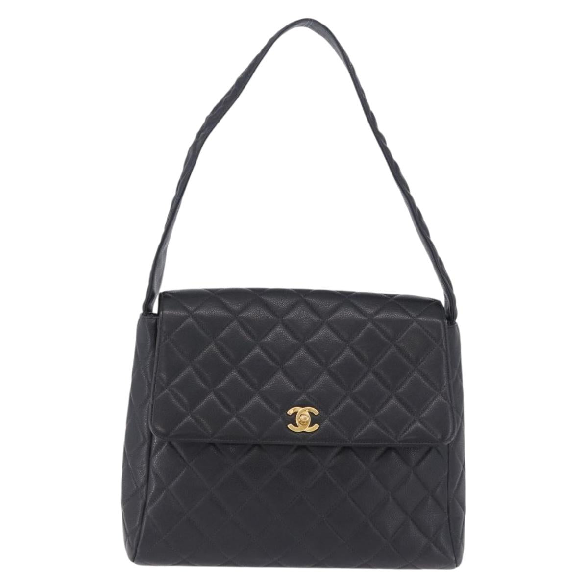 CHANEL Matelasse Turn Lock Shoulder Bag Caviar Skin Black Gold CC Auth 203228V