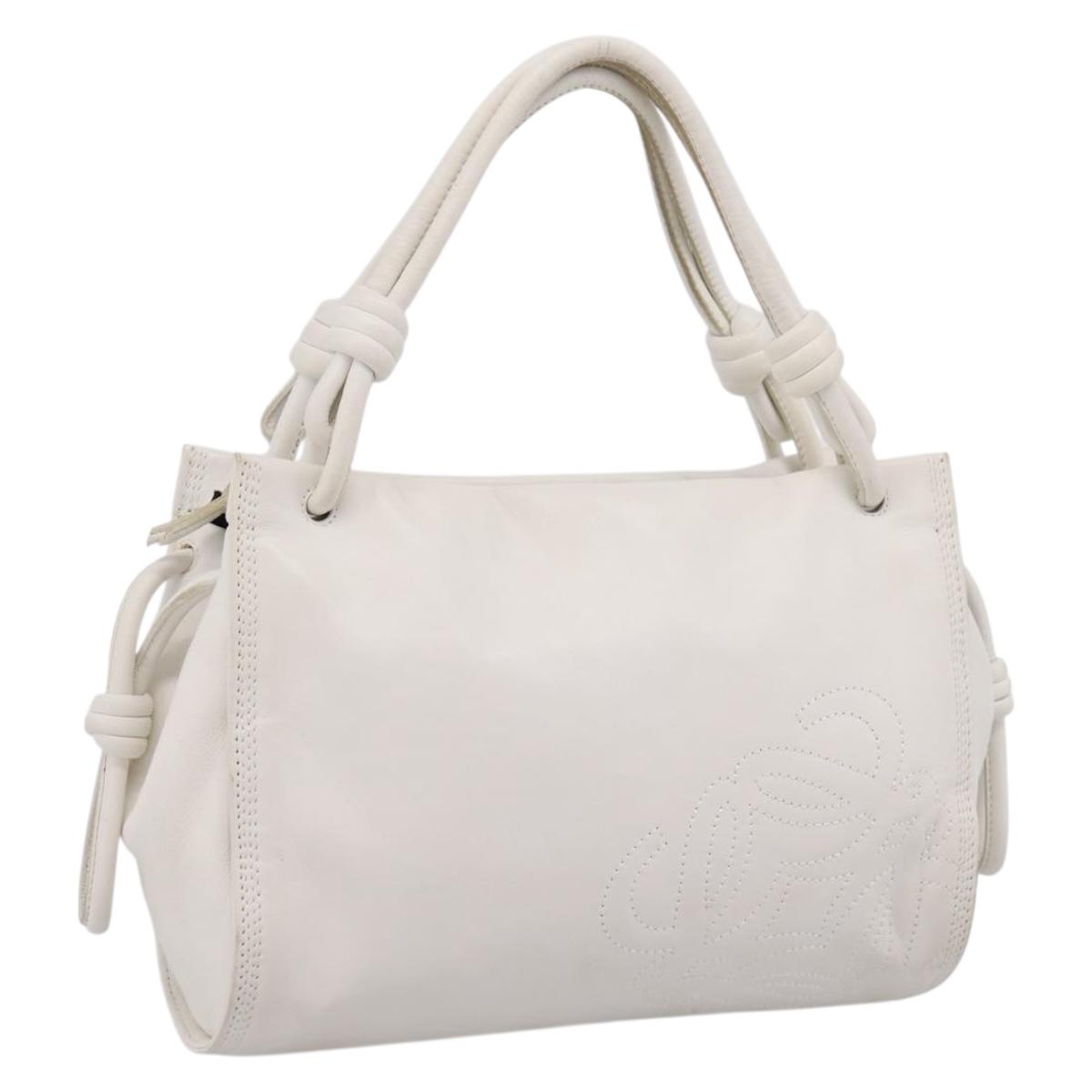 LOEWE Hand Bag Leather White Silver Auth 203231A