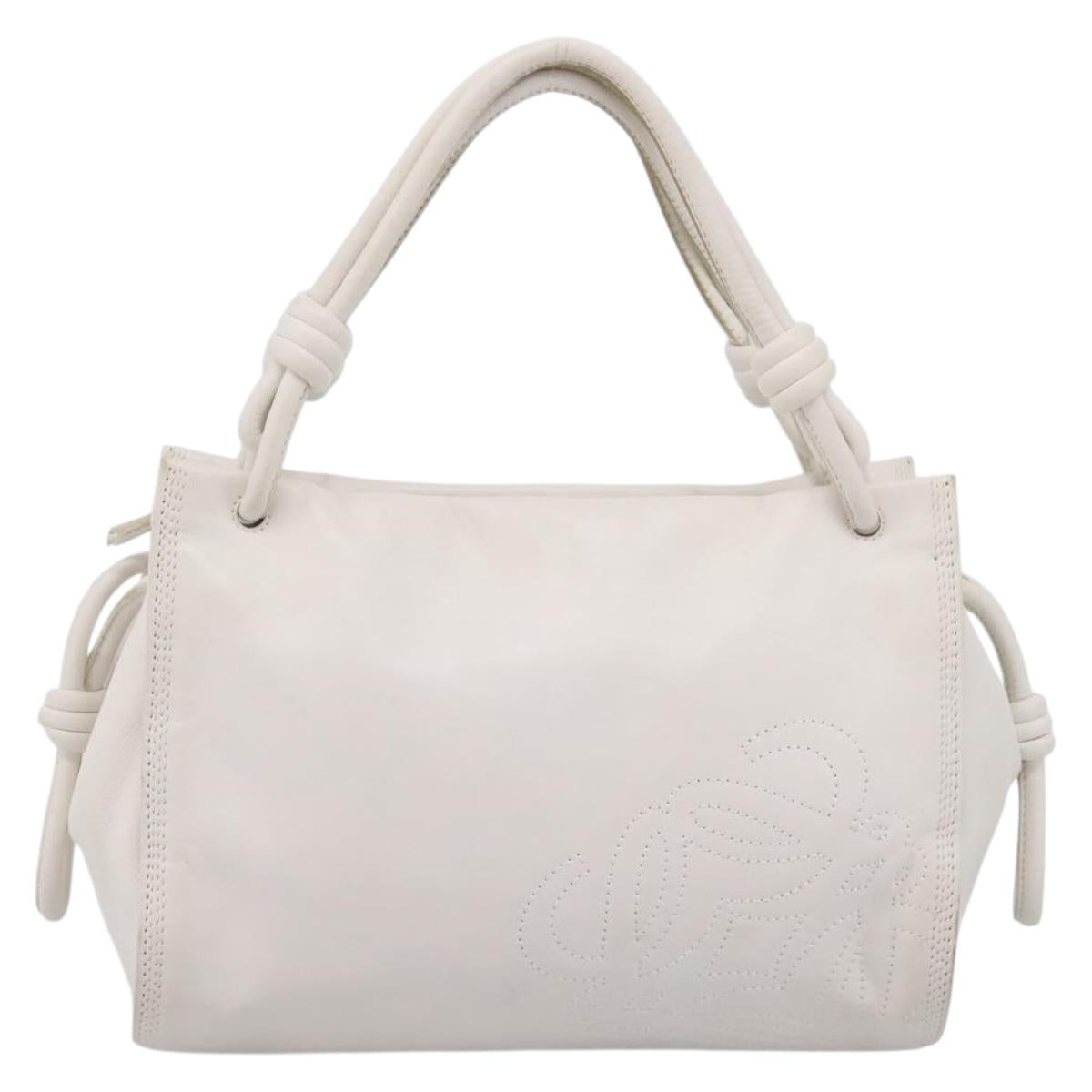LOEWE Hand Bag Leather White Silver Auth 203231A
