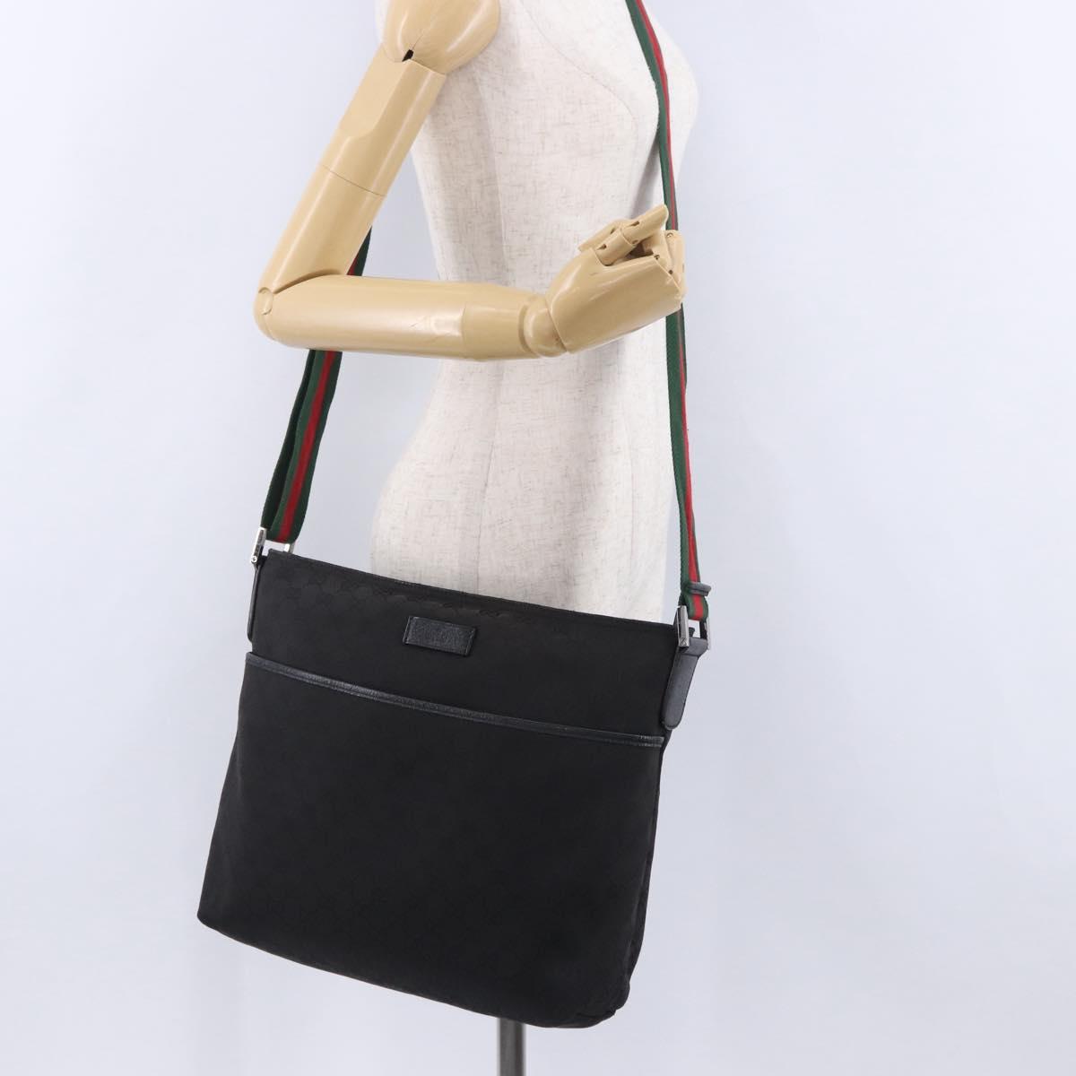 GUCCI GG Canvas Web Sherry Line Shoulder Bag Black Silver 189751 Auth 203232A