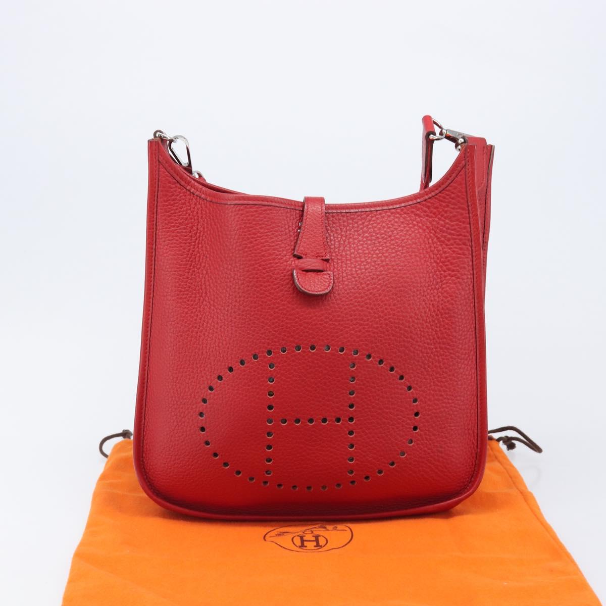 HERMES Evelyn 2 PM Shoulder Bag Taurillon Clemence Red Silver Auth 203233V