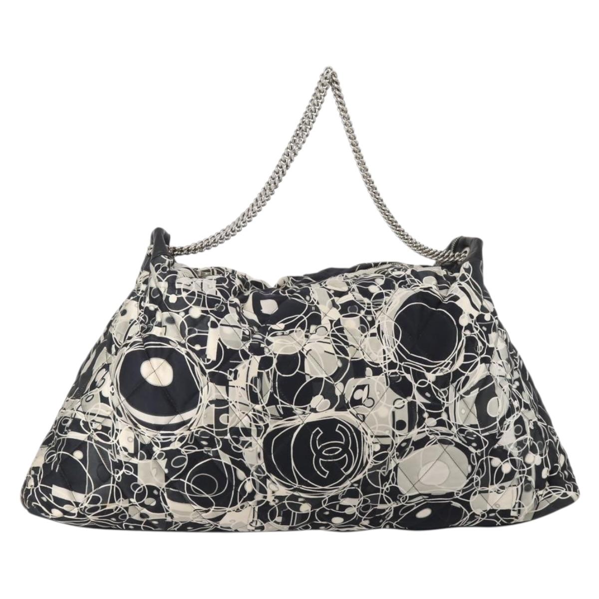 CHANEL Chain Tote Bag Nylon Black Silver CC Auth 203235A