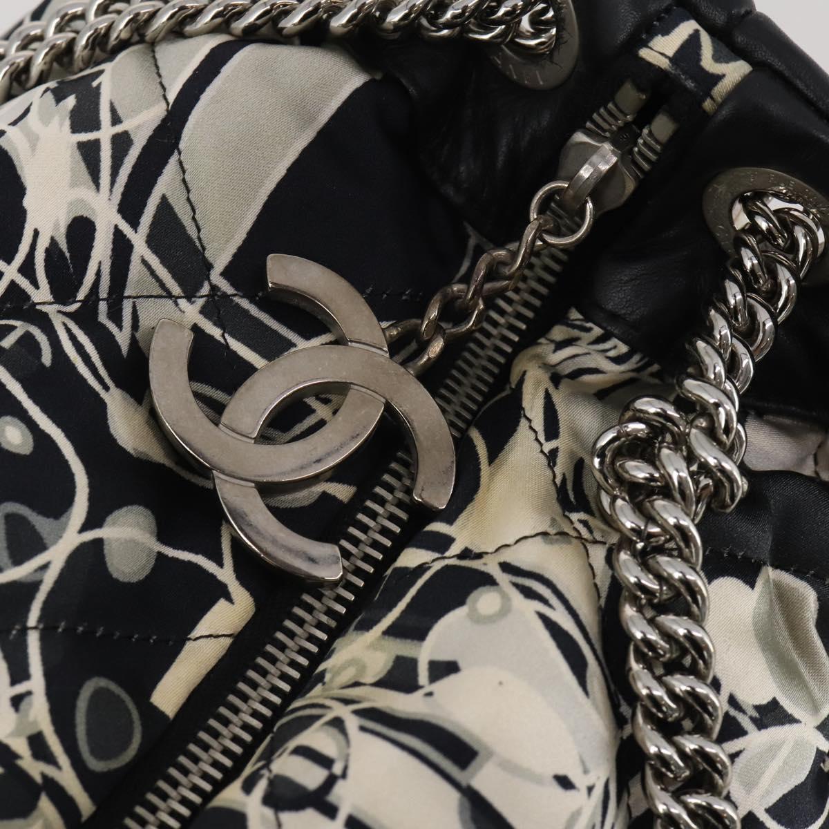 CHANEL Chain Tote Bag Nylon Black Silver CC Auth 203235A