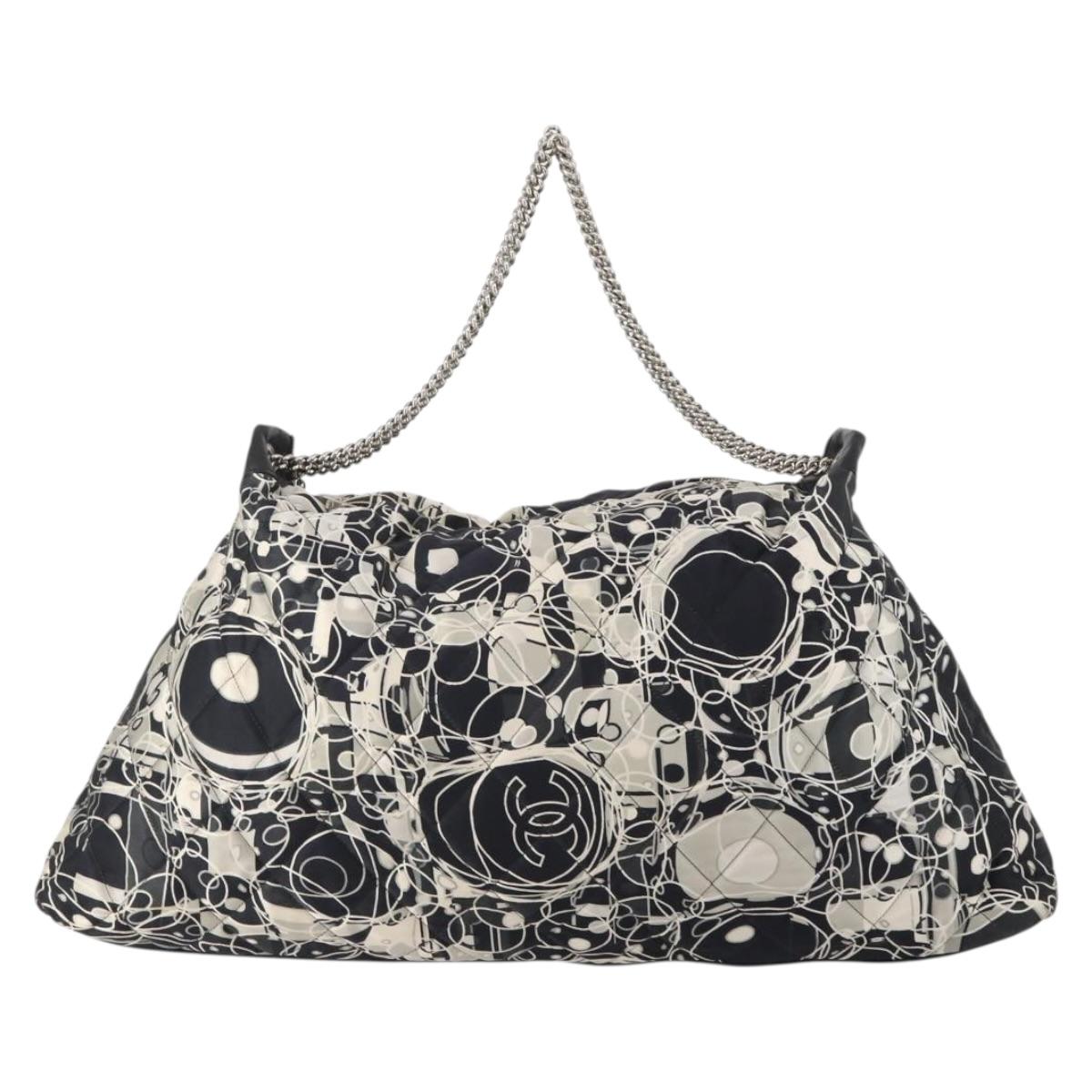 CHANEL Chain Tote Bag Nylon Black Silver CC Auth 203235A