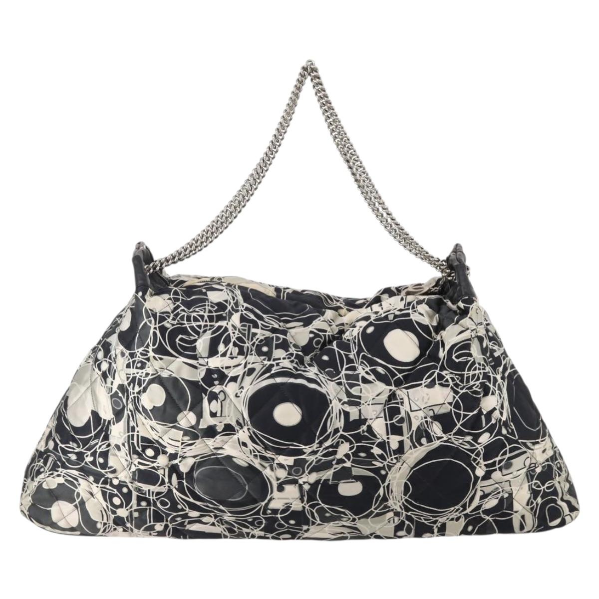 CHANEL Chain Tote Bag Nylon Black Silver CC Auth 203235A