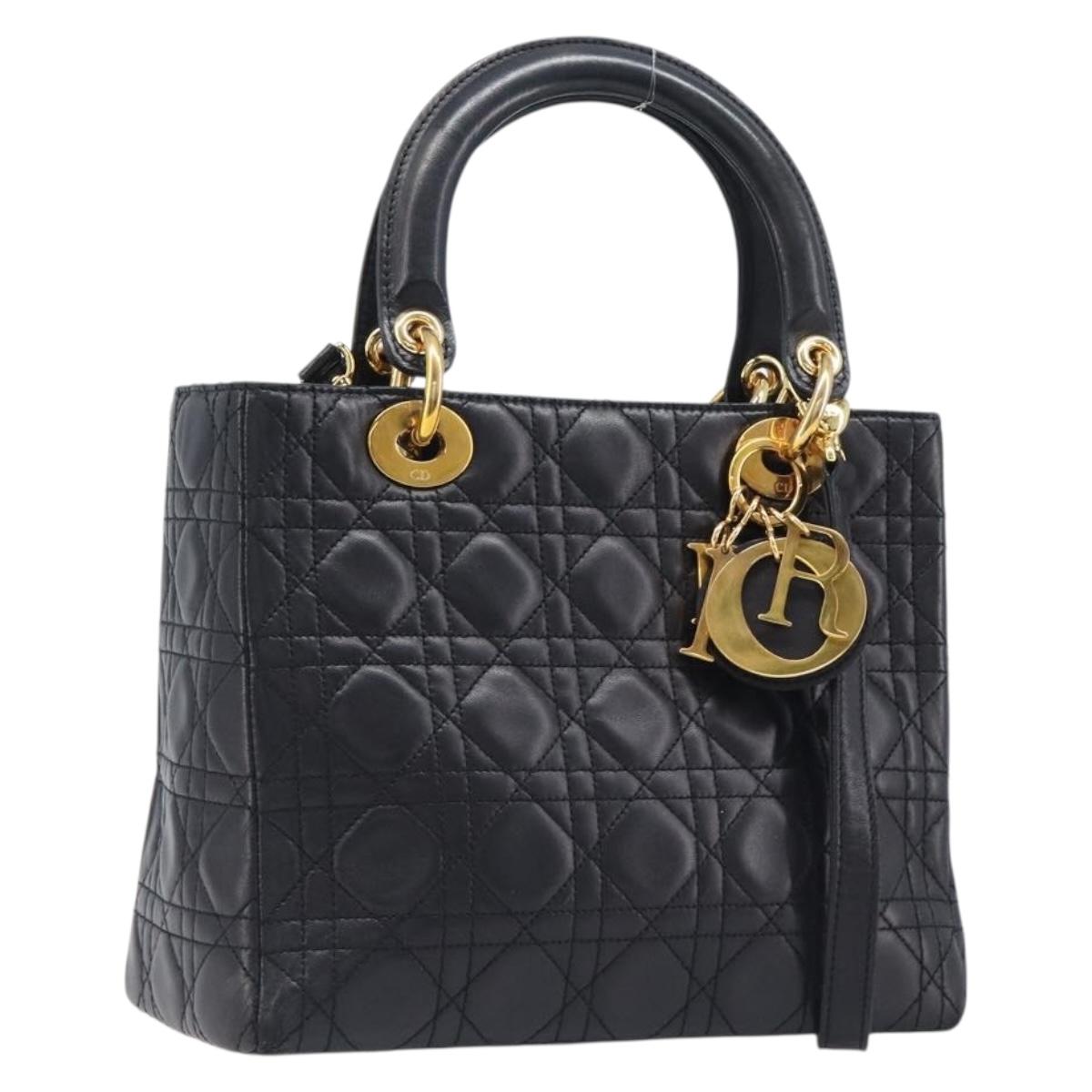 Christian Dior Canage Hand Bag Lamb Skin 2way Black Gold Auth 203242V