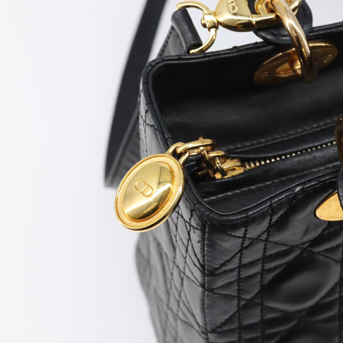 Christian Dior Canage Hand Bag Lamb Skin 2way Black Gold Auth 203242V