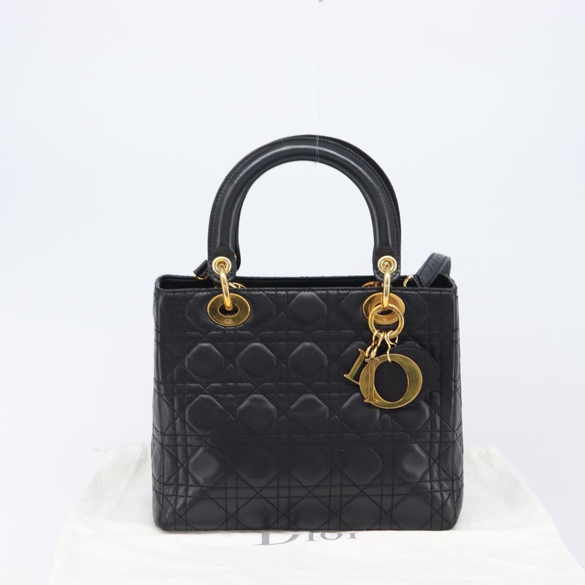 Christian Dior Canage Hand Bag Lamb Skin 2way Black Gold Auth 203242V