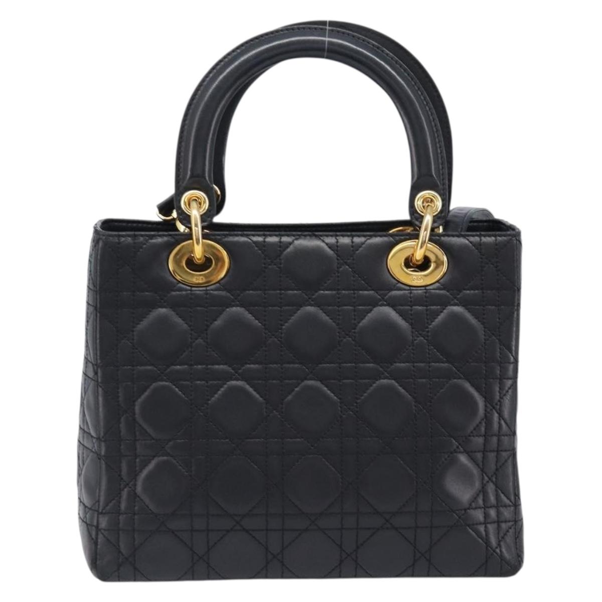 Christian Dior Canage Hand Bag Lamb Skin 2way Black Gold Auth 203242V