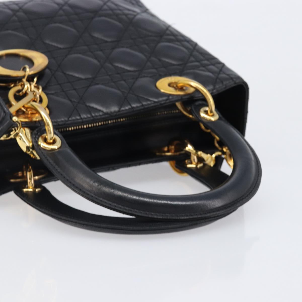 Christian Dior Canage Hand Bag Lamb Skin 2way Black Gold Auth 203242V