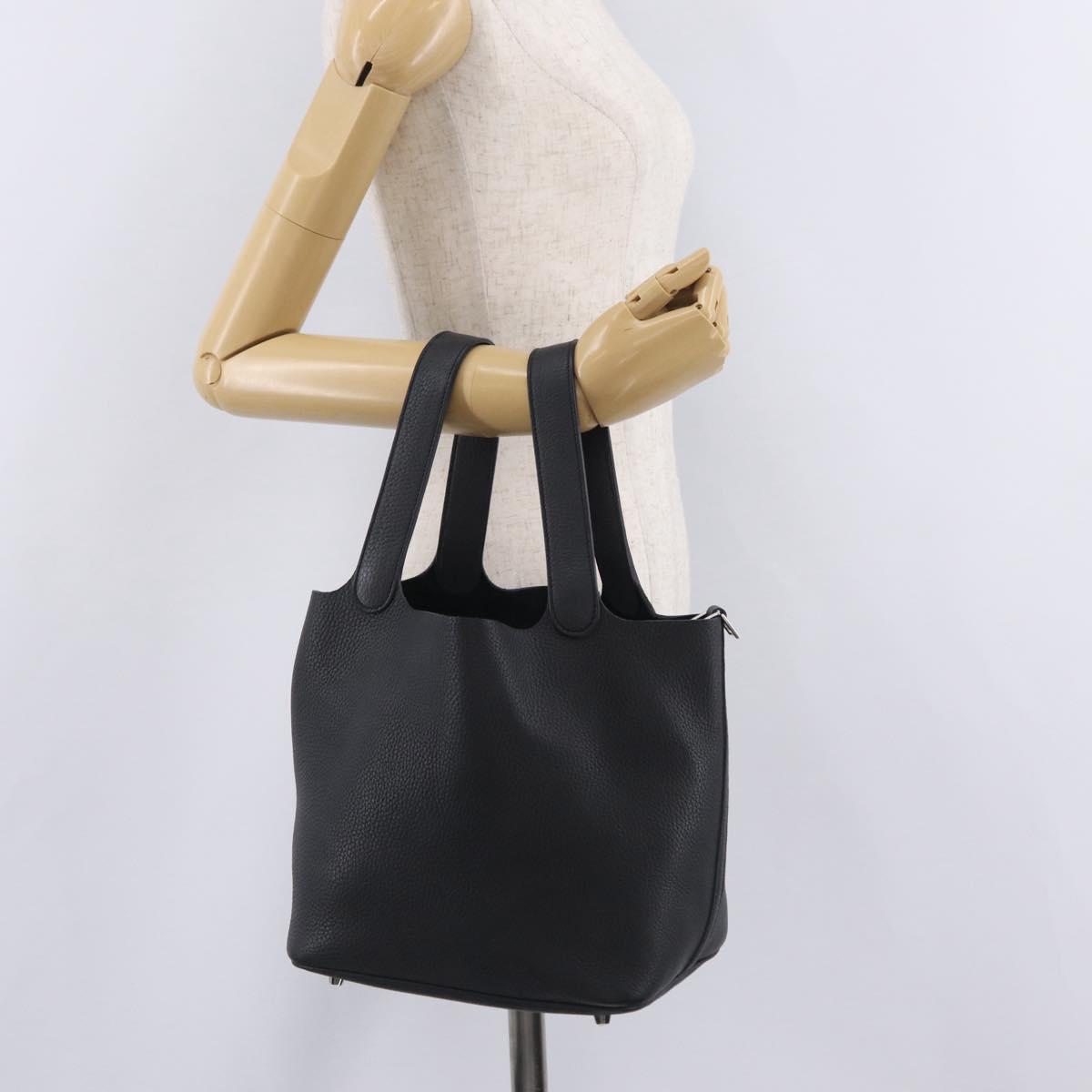 HERMES Taurillon Clemence Picotan Lock MM Bag Leather Black Gold Auth 203244SM