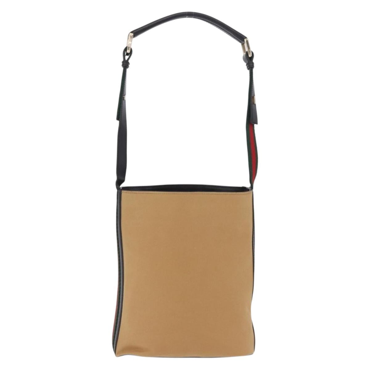 GUCCI Web Sherry Line Shoulder Bag Canvas Beige Gold Auth 203248A