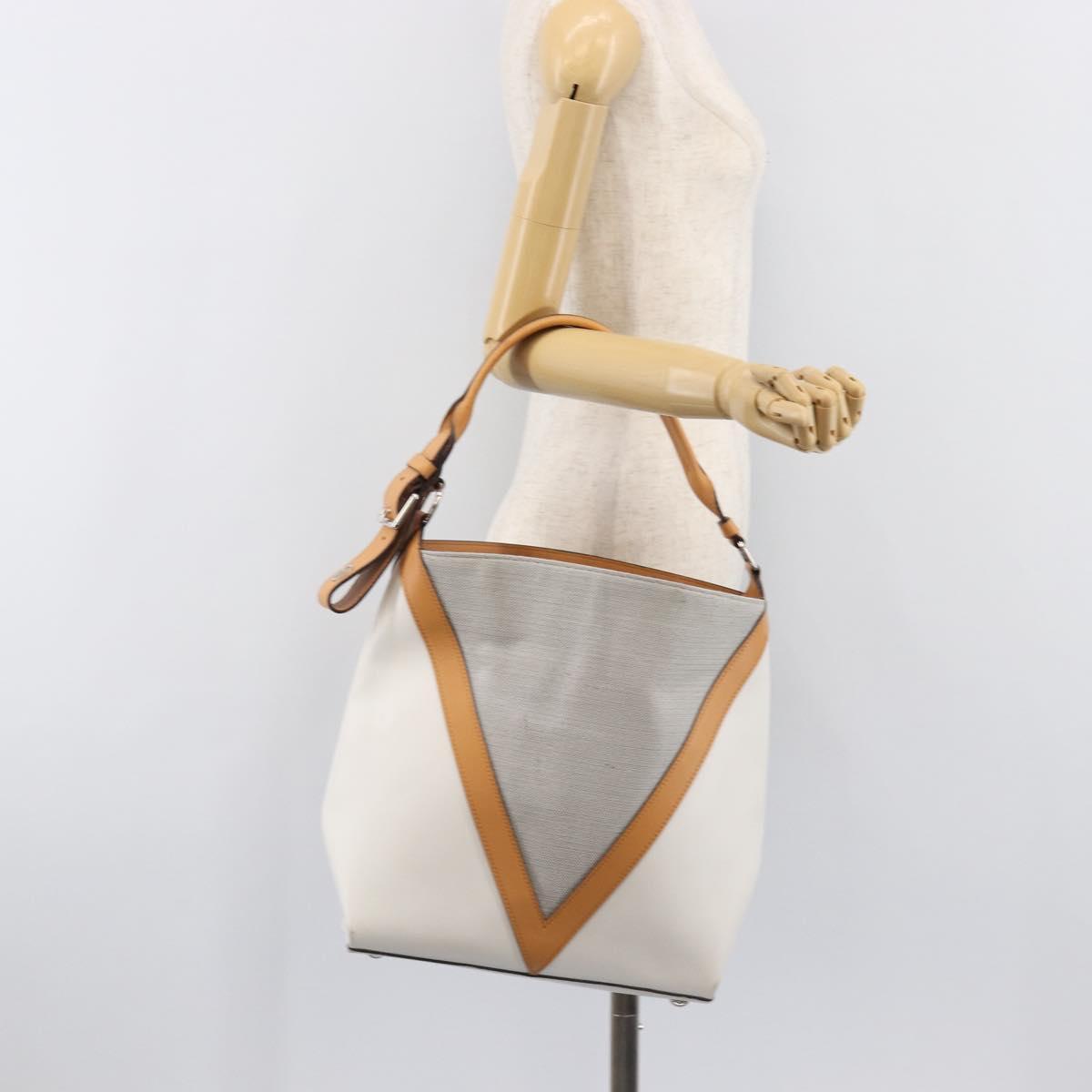 LOUIS VUITTON V Baguette GM Shoulder Bag Leather White Silver LV Auth 203256