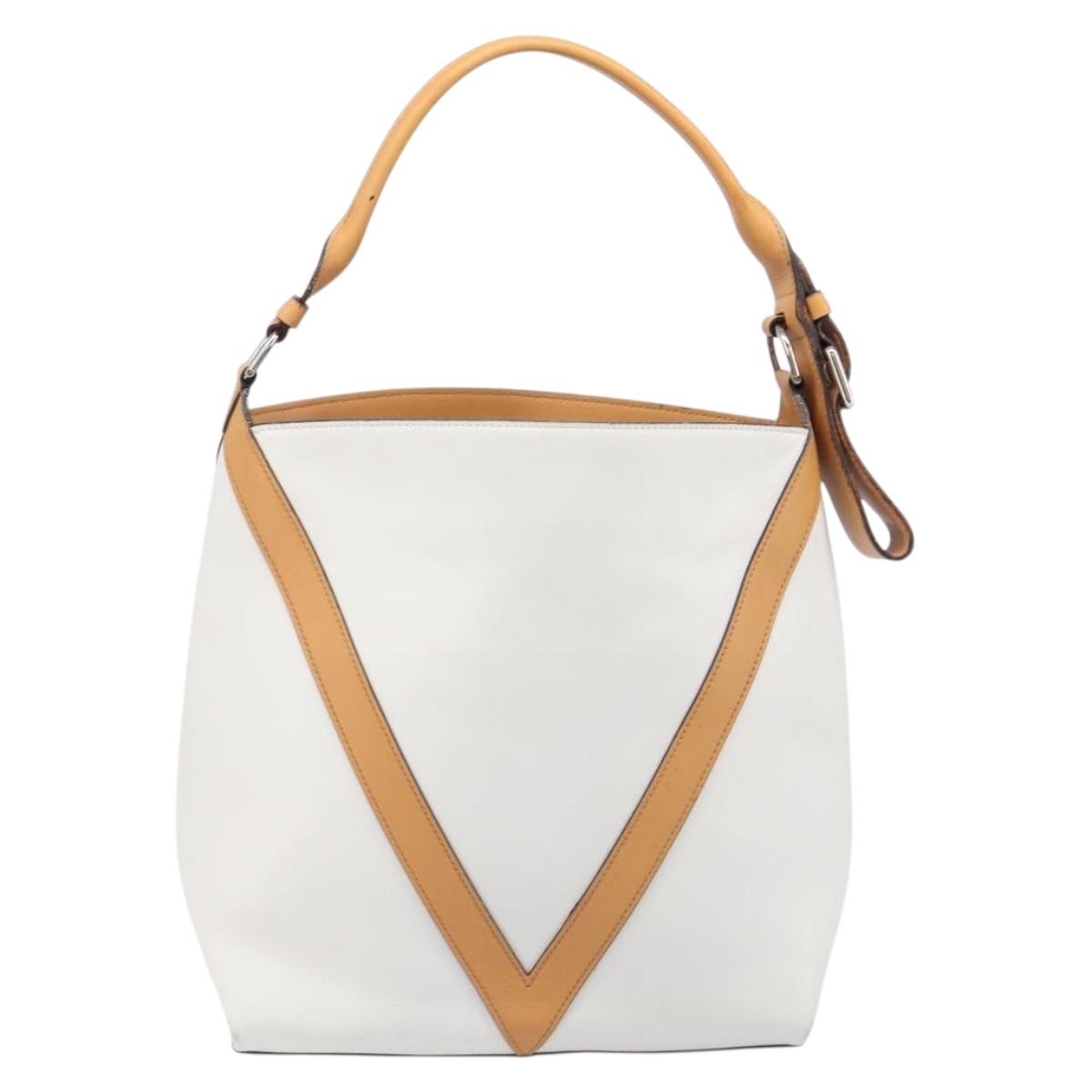 LOUIS VUITTON V Baguette GM Shoulder Bag Leather White Silver LV Auth 203256